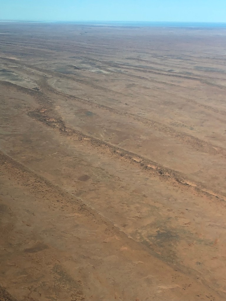 Aerial view of a vast, arid landscape with subtle texture variations in earthy tones.