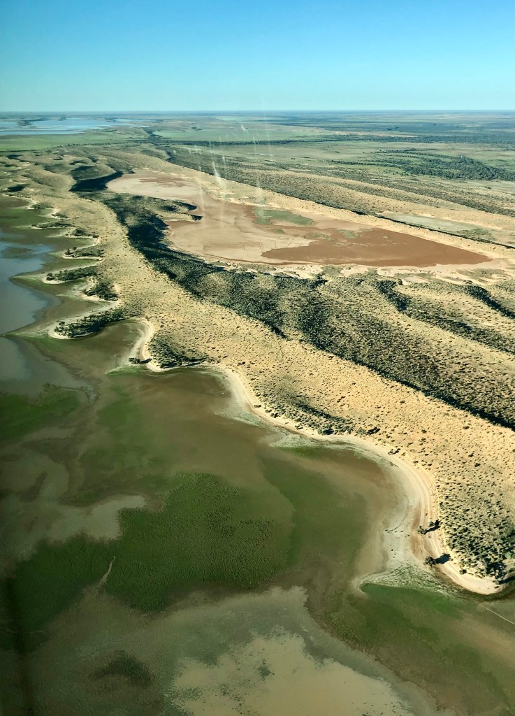 Aerial view of a landscape with winding watercourses and patches of dry land, showing a mix of green vegetation and sandy areas under a clear blue sky.