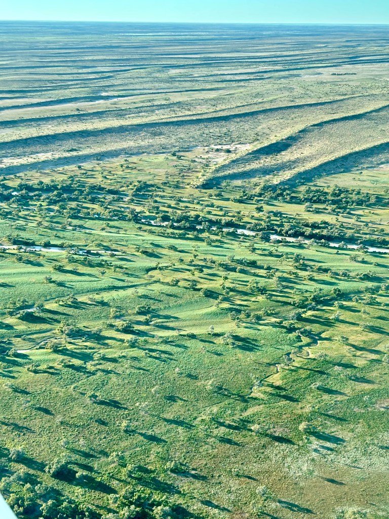 Aerial view of a green landscape with distinct patterns created by fields and trees, showcasing shadows cast by natural features in the sunlight.