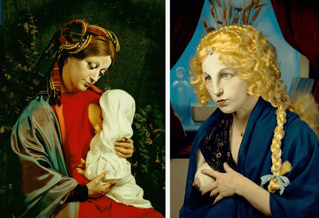 A side-by-side comparison of two artistic portraits: on the left, a classical depiction of a mother holding a child, while on the right, a surreal interpretation of a woman with blonde hair and an unusual pose.