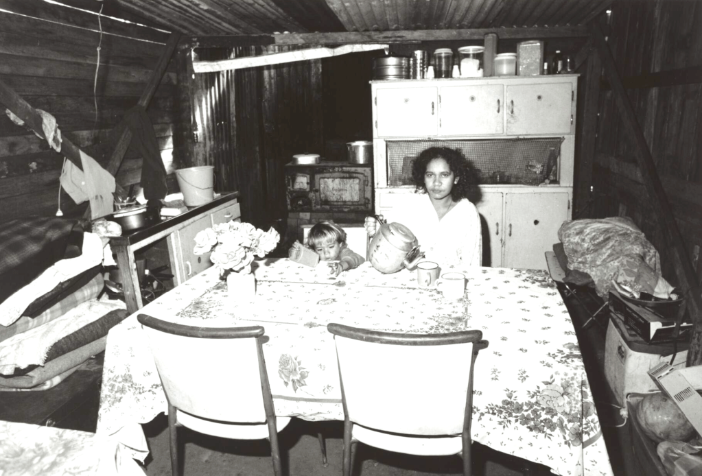 A woman and child sitting at a table in a rustic, dimly lit interior. The table is covered with a floral tablecloth, and there are flowers in a vase. The room features wooden walls and a small kitchen area with various utensils and storage.