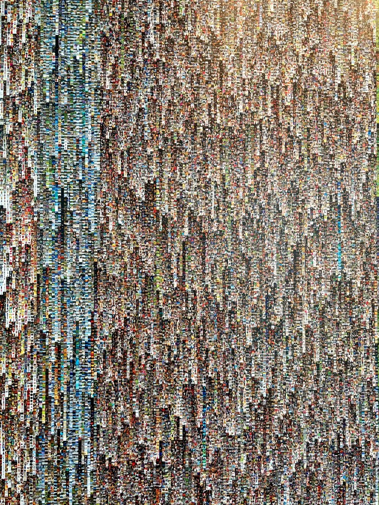 A mosaic-style image composed of numerous smaller images, creating a textured pattern with vibrant colors and diverse subjects.
