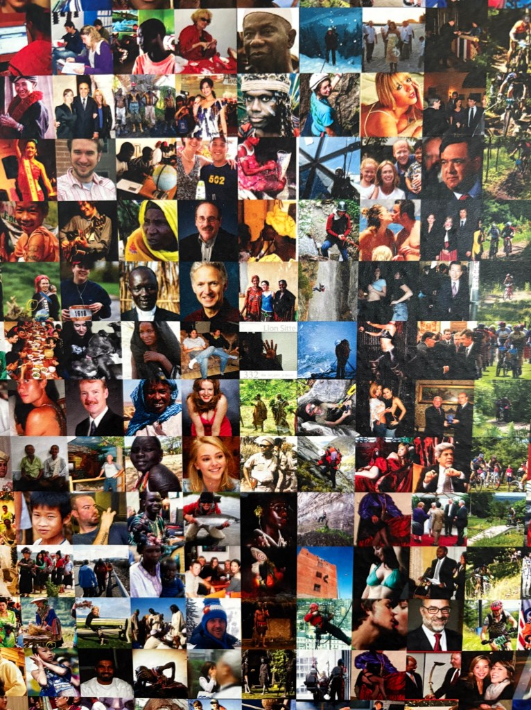 A collage of diverse faces and scenes, featuring individuals from various backgrounds engaged in different activities such as socializing, working, and outdoor adventures.