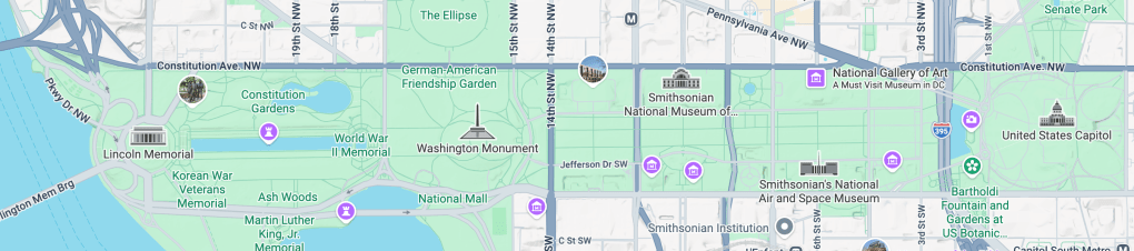 Map of the National Mall in Washington, D.C. featuring landmarks such as the Lincoln Memorial, Washington Monument, and U.S. Capitol.