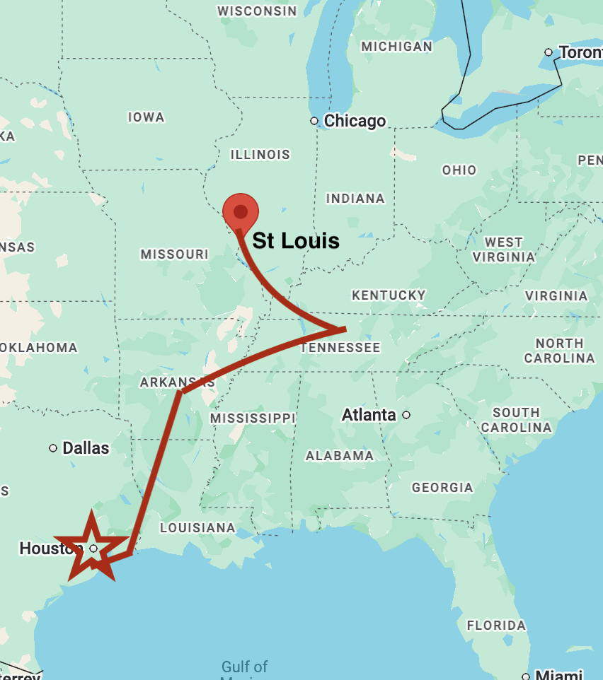 Map showing a route from Houston, Texas to St. Louis, Missouri with a highlighted path.